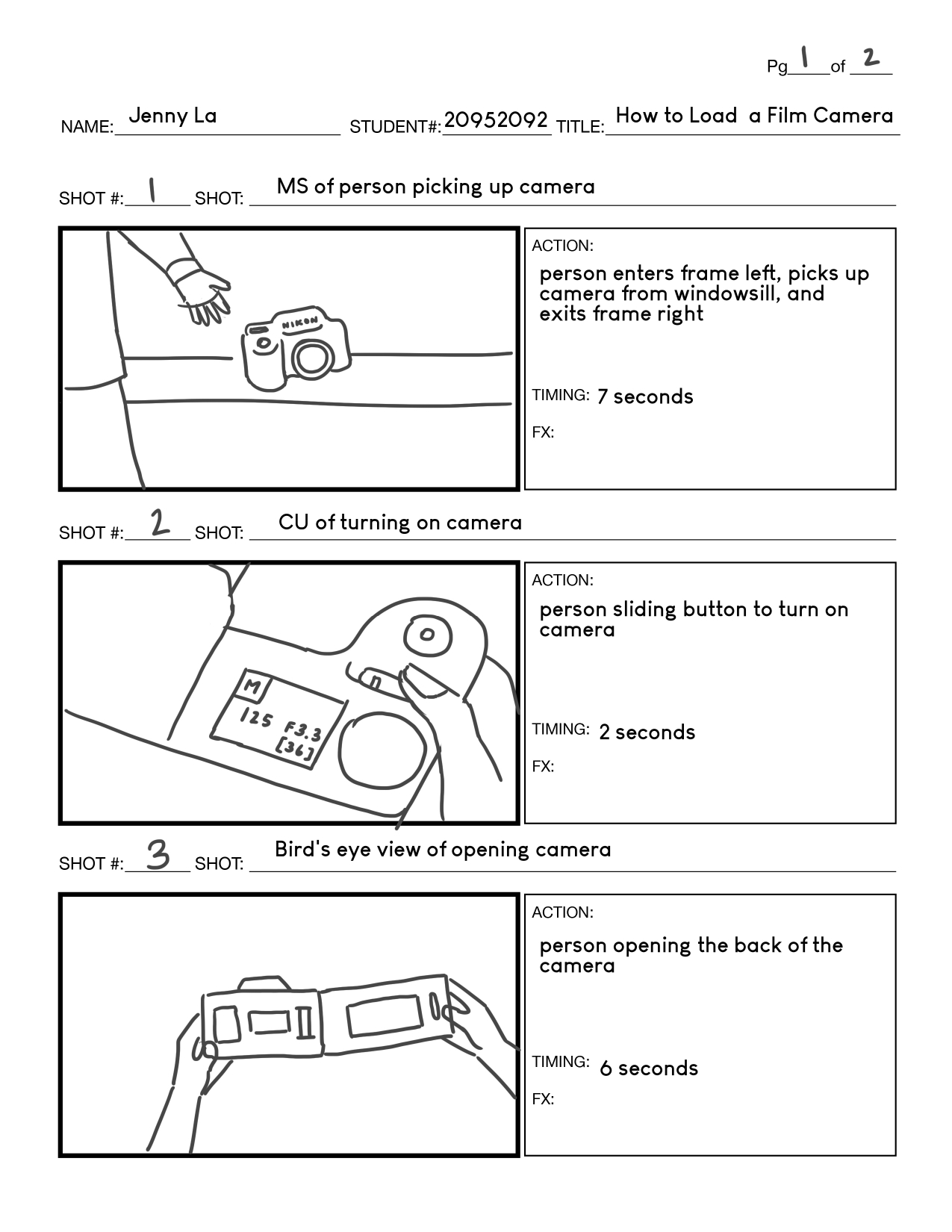 page 1 of storyboard showing sketches of shots for the video