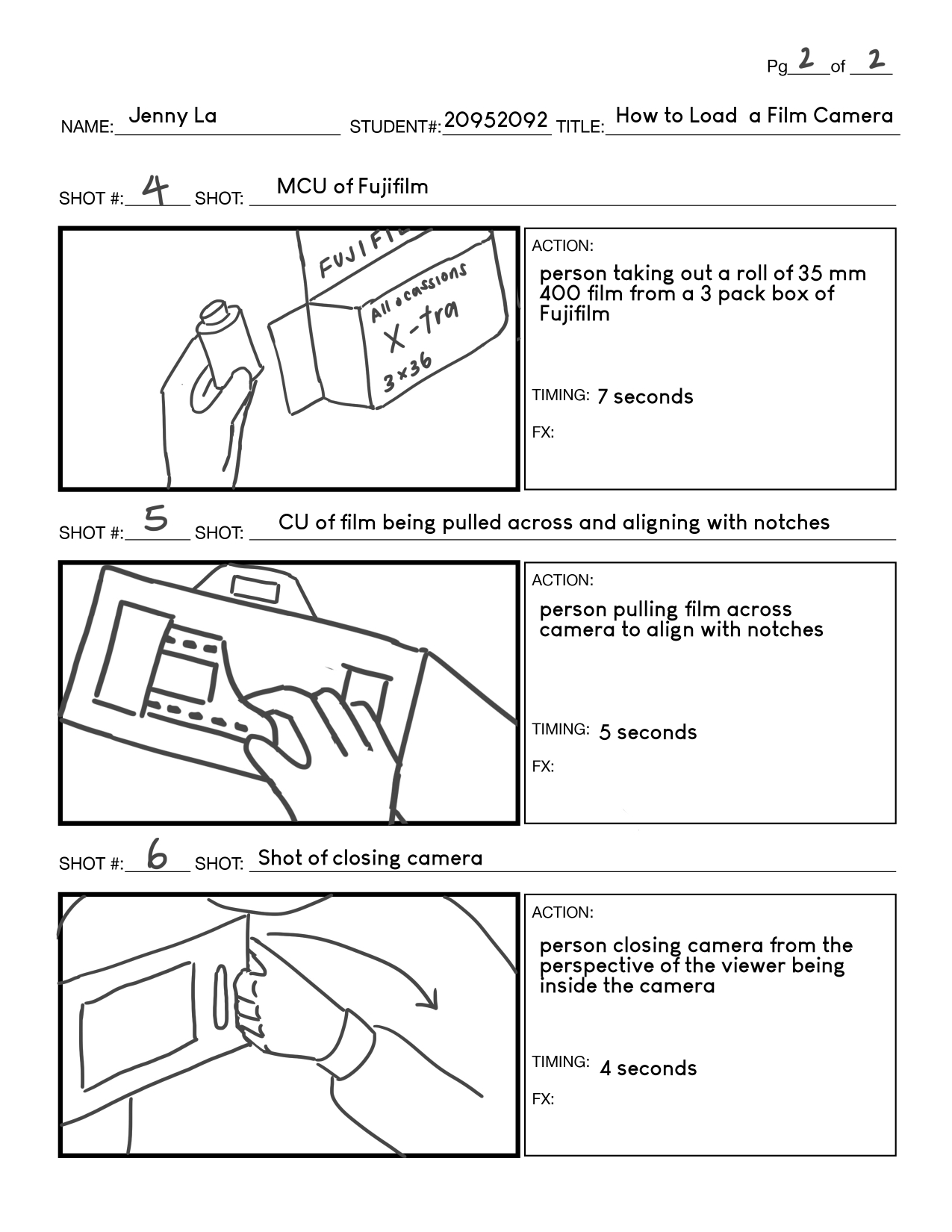 page 2 of storyboard showing sketches of shots for the video