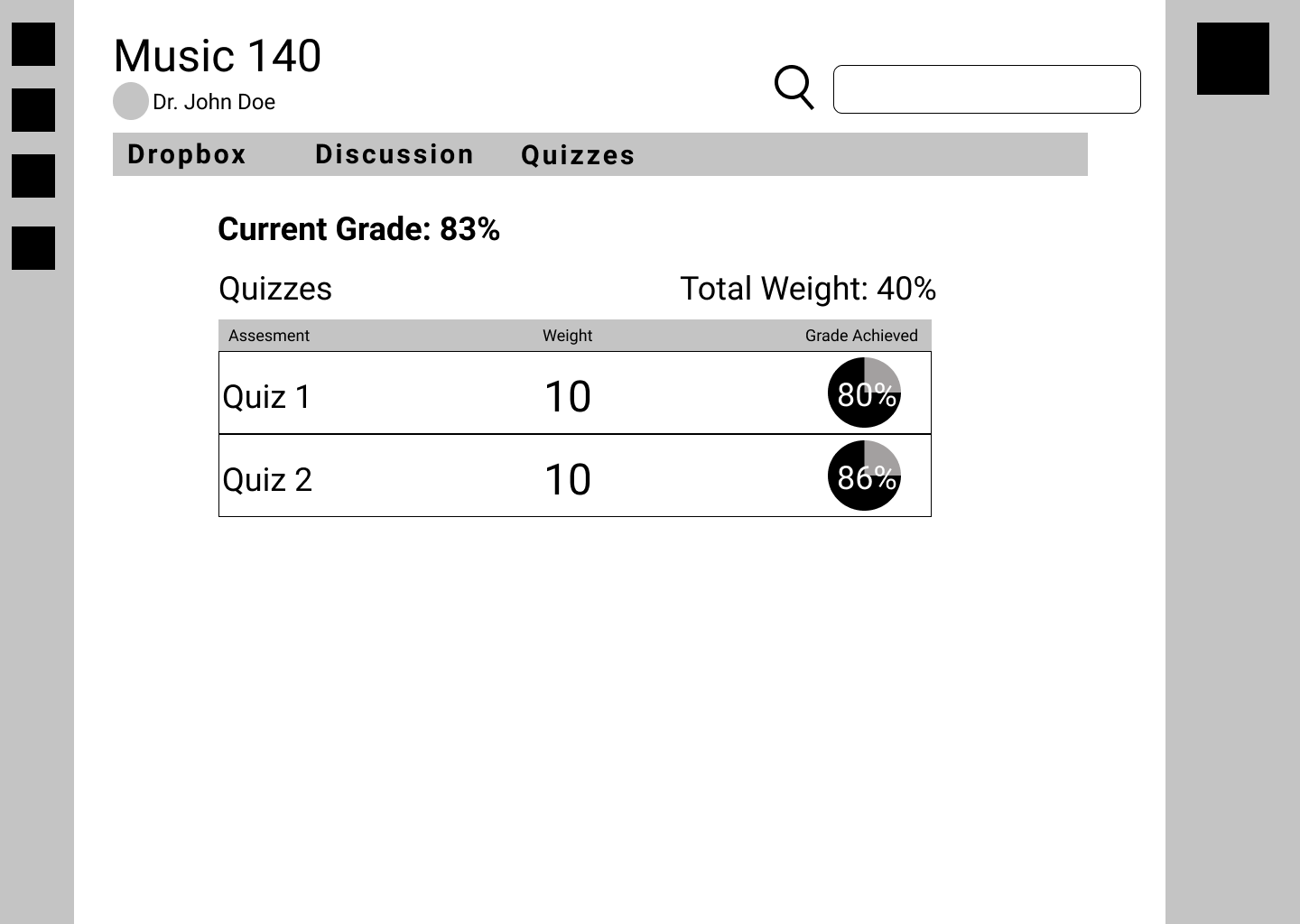 grades page medium-fidelity wireframe