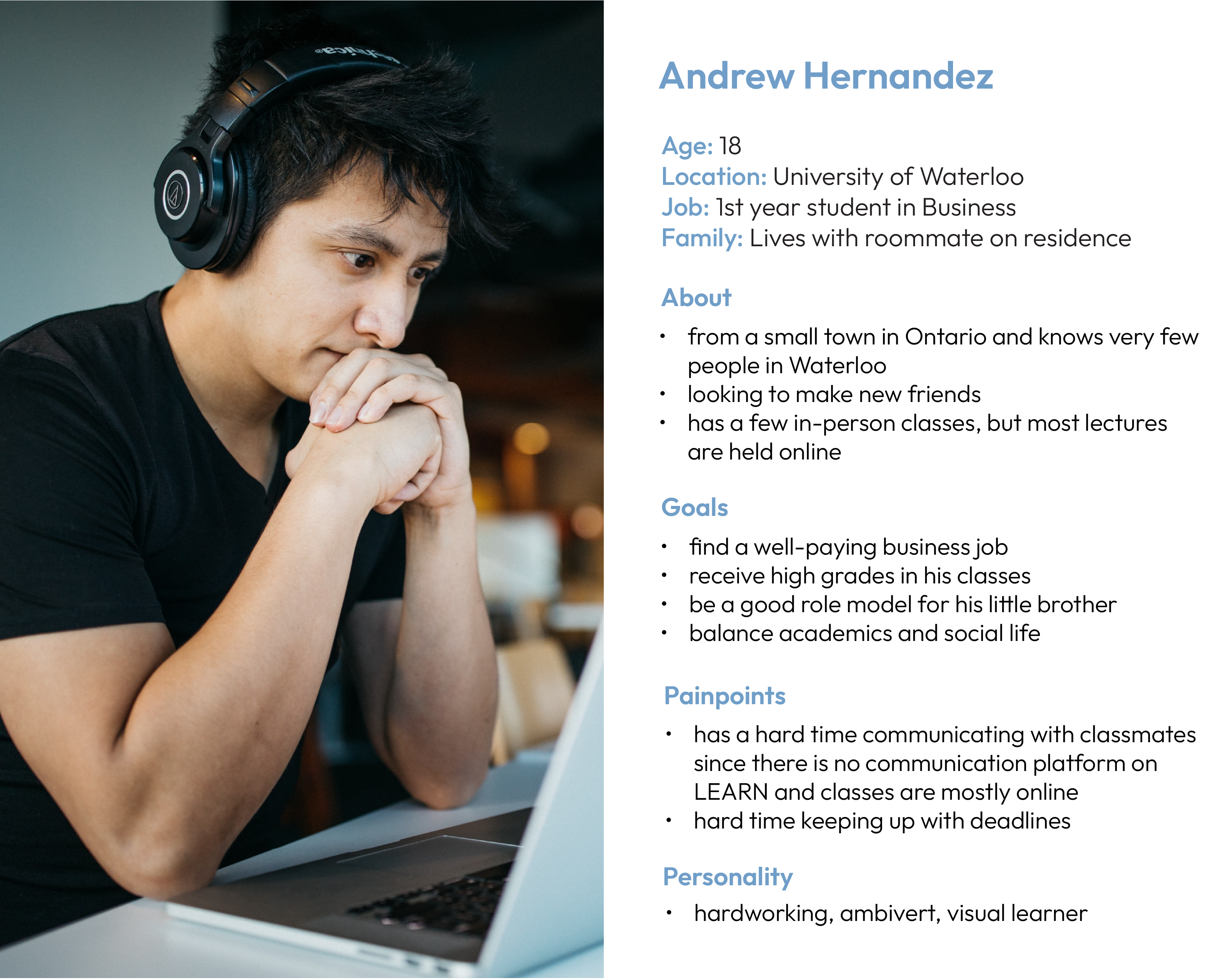 persona of male student in first year of university